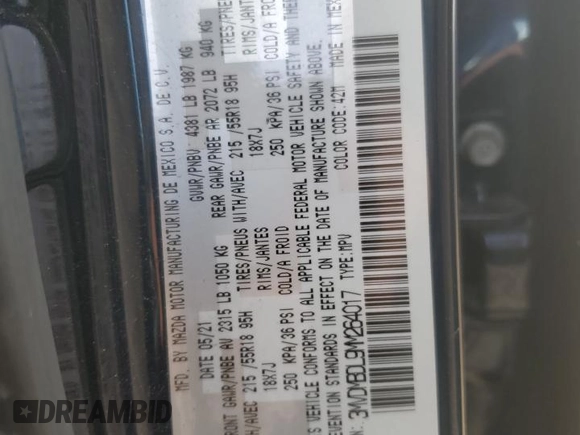 2021 Mazda CX-30 Premium with VIN 3MVDMBDL9MM264017, listed as a Copart auction lot 48625975 with 41,480 mi miles and Salvage Title. Bid and sale history available at DreamBid. Image 16.