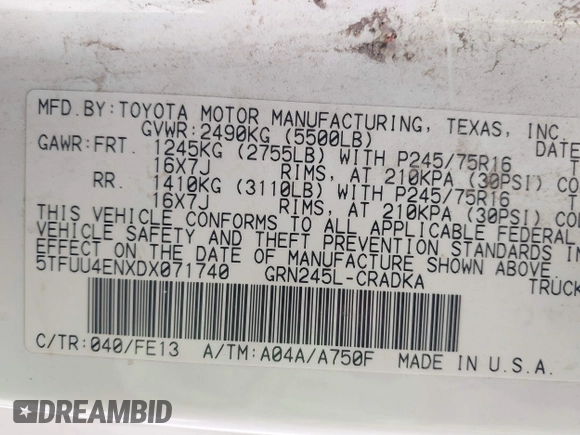 2013 Toyota Tacoma with VIN 5TFUU4ENXDX071740, listed as a IAAI auction lot 38728046 with 71,663 mi miles and . Bid and sale history available at DreamBid. Image 9.
