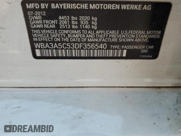 2013 BMW 3 Series 328i z VIN WBA3A5C53DF356540, wystawiony jako Copart lot #62729845 z przebiegiem 155 470 mil mil oraz Szkoda całkowita • Salvage title. Historia ofert i sprzedaży dostępna na DreamBid. Obrazek 12.