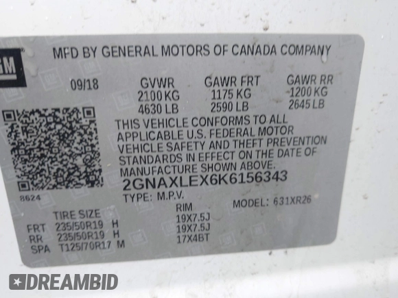 2019 Chevrolet Equinox LT with VIN 2GNAXLEX6K6156343, listed as a IAAI auction lot 41835357 with 80,370 mi miles and . Bid and sale history available at DreamBid. Image 9.