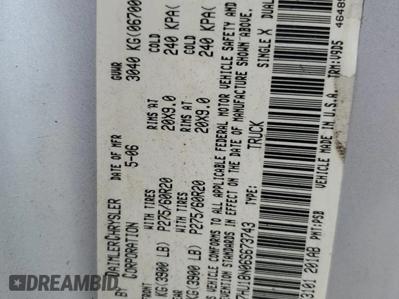 2006 Dodge 1500 SLT with VIN 1D7HU18N06S673743, listed as a Copart auction lot 53145955 with 131,318 mi miles and Salvage Title. Bid and sale history available at DreamBid. Image 15.