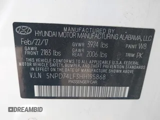 2017 Hyundai Elantra SE with VIN 5NPD74LF3HH195868, listed as a IAAI auction lot 41615994 with 100,705 mi miles and . Bid and sale history available at DreamBid. Image 9.