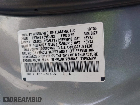 2007 Honda Odyssey EX-L with VIN 5FNRL38777B016421, listed as a IAAI auction lot 42139239 with 286,558 mi miles. Bid and sale history available at carsss.com. Image 9.