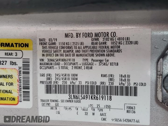2019 Lincoln MKZ Standard with VIN 3LN6L5A91KR619118, listed as a Copart auction lot 82528044 with 10,541 mi miles and Salvage Title. Bid and sale history available at carsss.com. Image 12.