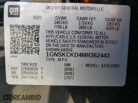 2021 Chevrolet Suburban LT z VIN 1GNSKCKD4MR362443, wystawiony jako Copart lot #55284375 z przebiegiem 153 049 mil mil oraz Szkoda całkowita • Salvage title. Historia ofert i sprzedaży dostępna na DreamBid. Obrazek 14.
