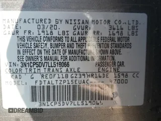 2020 Nissan Kicks SR with VIN 3N1CP5DV7LL519066, listed as a Copart auction lot 53052985 with 45,041 mi miles and Salvage Title. Bid and sale history available at carsss.com. Image 13.