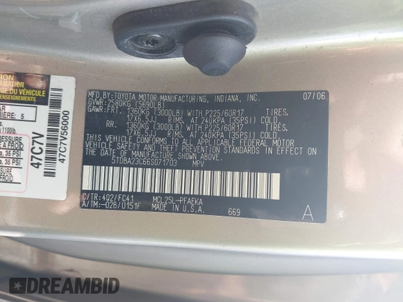 2006 Toyota Sienna LE with VIN 5TDBA23C66S071703, listed as a IAAI auction lot 42094221 with 146,607 mi miles. Bid and sale history available at carsss.com. Image 9.