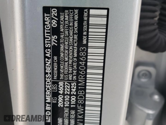 2021 Mercedes-Benz C 300 with VIN W1KWF8DB1MR604683, listed as a Copart auction lot 55934465 with Not provided miles and Salvage title. Bid and sale history available at DreamBid. Image 12.
