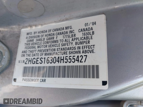 2004 Honda Civic VP z VIN 2HGES16304H555427, wystawiony jako IAAI lot #40165030 z przebiegiem 140 355 mil mil oraz . Historia ofert i sprzedaży dostępna na DreamBid. Obrazek 9.
