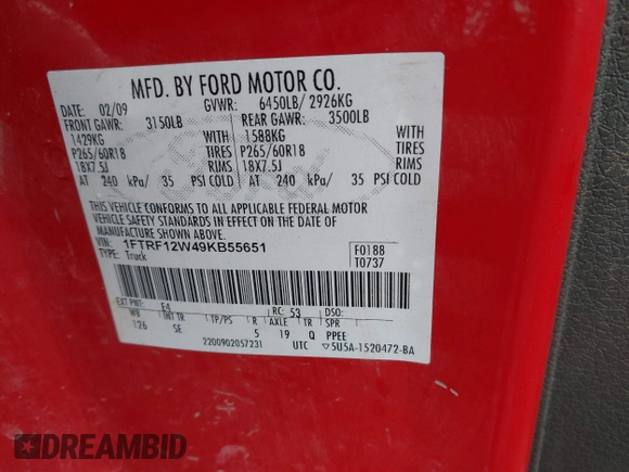 2009 Ford F-150 XL with VIN 1FTRF12W49KB55651, listed as a IAAI auction lot 41491829 with 109,360 mi miles and . Bid and sale history available at DreamBid. Image 9.