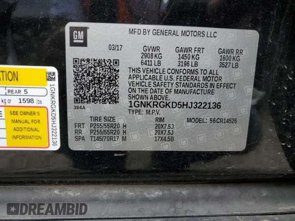 2017 Chevrolet Traverse LT with VIN 1GNKRGKD5HJ322136, listed as a Copart auction lot 50579954 with 69,804 mi miles and Salvage Title. Bid and sale history available at DreamBid. Image 13.