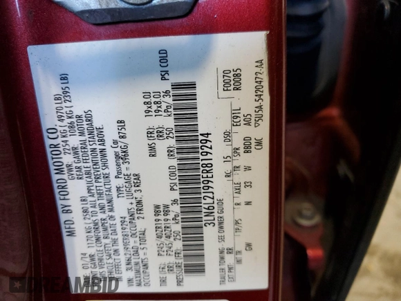 2014 Lincoln MKZ with VIN 3LN6L2J99ER819294, listed as a Copart auction lot 41918765 with 167,620 mi miles and Salvage Title. Bid and sale history available at DreamBid. Image 14.