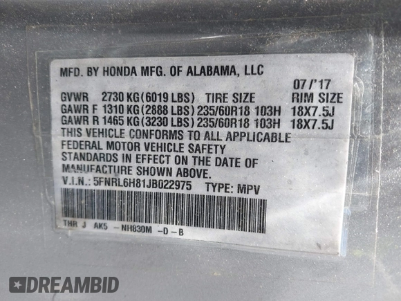 2018 Honda Odyssey Touring with VIN 5FNRL6H81JB022975, listed as a IAAI auction lot 42653304 with 210,137 mi miles and . Bid and sale history available at DreamBid. Image 9.