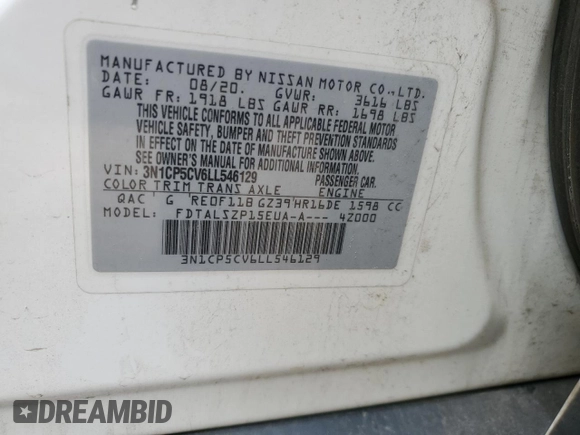 2020 Nissan Kicks SV with VIN 3N1CP5CV6LL546129, listed as a Copart auction lot 58555745 with 65,440 mi miles and Clean title. Bid and sale history available at DreamBid. Image 12.