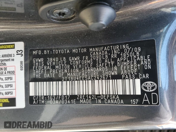 2010 Toyota Corolla with VIN 2T1BU4EE5AC242671, listed as a Copart auction lot 61998285 with 210,290 mi miles and Clean title. Bid and sale history available at DreamBid. Image 12.