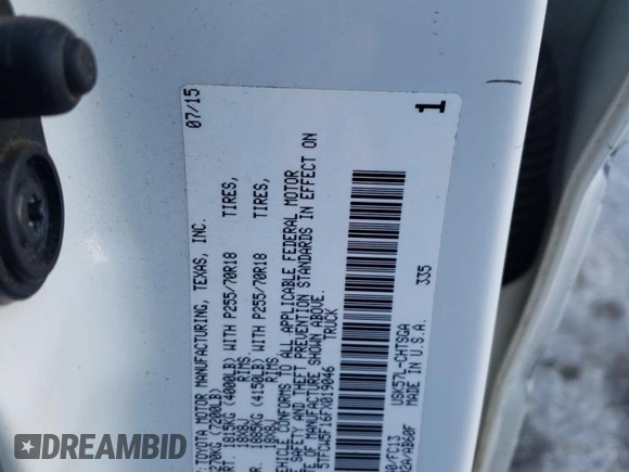 2015 Toyota Tundra SR z VIN 5TFCW5F16FX019046, wystawiony jako Copart lot #57388105 z przebiegiem 123 122 mil mil oraz Szkoda całkowita • Salvage title. Historia ofert i sprzedaży dostępna na DreamBid. Obrazek 12.