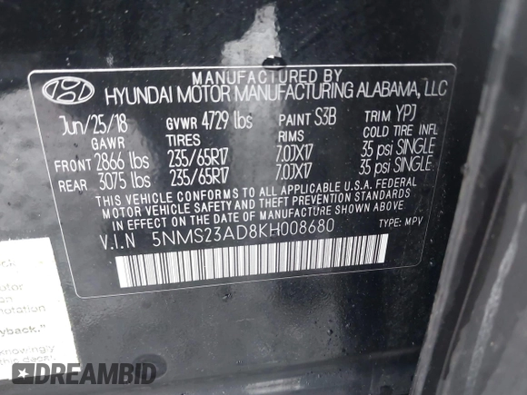 2019 Hyundai Santa Fe SE with VIN 5NMS23AD8KH008680, listed as a IAAI auction lot 42023218 with 67,745 mi miles and . Bid and sale history available at DreamBid. Image 9.