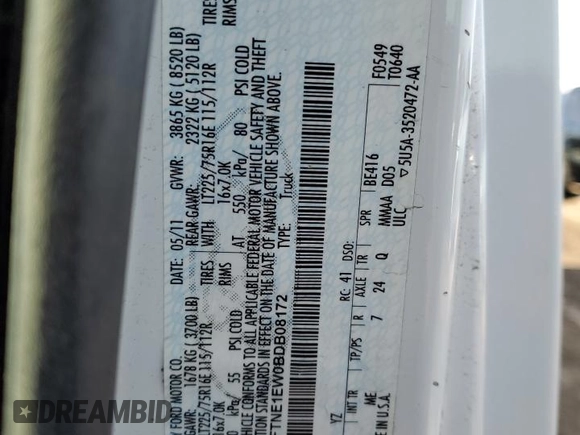 2011 Ford Econoline Cargo Commercial with VIN 1FTNE1EW0BDB08172, listed as a Copart auction lot 42065125 with 204,301 mi miles and Clean Title. Bid and sale history available at DreamBid. Image 13.