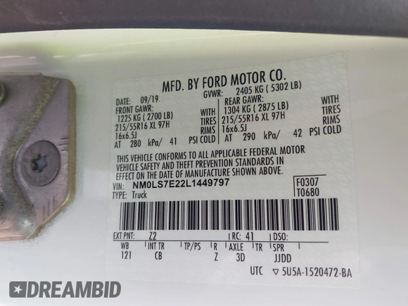2020 Ford Transit Connect XL with VIN NM0LS7E22L1449797, listed as a IAAI auction lot 42452532 with 125,799 mi miles and . Bid and sale history available at DreamBid. Image 9.