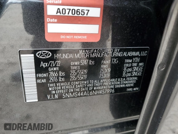 2022 Hyundai Santa Fe Limited with VIN 5NMS44AL6NH457996, listed as a Copart auction lot 70285674 with 9,021 mi miles and Salvage Title. Bid and sale history available at carsss.com. Image 15.