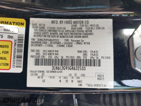 2016 Lincoln MKZ with VIN 3LN6L2G95GR632533, listed as a IAAI auction lot 42099399 with 131,639 mi miles and . Bid and sale history available at DreamBid. Image 9.