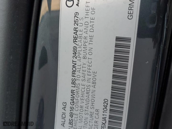 2018 Audi A5 Sportback Prestige with VIN WAUFNCF5XJA110420, listed as a Copart auction lot 42259275 with NaN miles and Salvage Title. Bid and sale history available at carsss.com. Image 12.