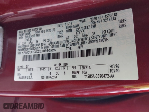 2014 Ford Escape SE with VIN 1FMCU0GX2EUB60526, listed as a IAAI auction lot 42060469 with 128,796 mi miles. Bid and sale history available at carsss.com. Image 9.