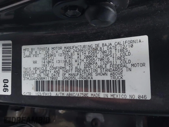 2011 Toyota Tacoma PreRunner with VIN 3TMJU4GN9BM117092, listed as a IAAI auction lot 41221179 with 226,380 mi miles and . Bid and sale history available at DreamBid. Image 9.