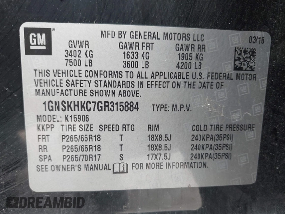 2016 Chevrolet Suburban LT z VIN 1GNSKHKC7GR315884, wystawiony jako IAAI lot #41977108 z przebiegiem 138 902 mil mil oraz . Historia ofert i sprzedaży dostępna na DreamBid. Obrazek 9.