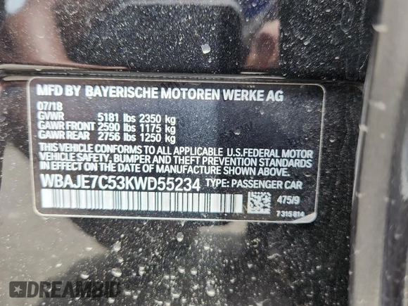 2019 BMW 5 Series 540i xDrive with VIN WBAJE7C53KWD55234, listed as a Copart auction lot 57797475 with 81,844 mi miles and Salvage title. Bid and sale history available at DreamBid. Image 13.