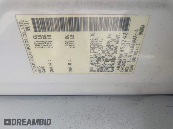 2017 Nissan Maxima SR with VIN 1N4AA6AP7HC453242, listed as a IAAI auction lot 42169056 with 104,881 mi miles and . Bid and sale history available at DreamBid. Image 9.