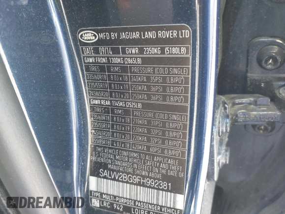 2015 Land Rover Range Rover Evoque Prestige with VIN SALVV2BG9FH992381, listed as a IAAI auction lot 42193926 with 94,135 mi miles and . Bid and sale history available at DreamBid. Image 9.
