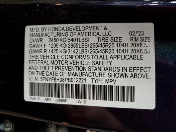 2023 Honda Passport Elite with VIN 5FNYF8H08PB012221, listed as a Copart auction lot 78213594 with 17,190 mi miles and Salvage Title. Bid and sale history available at carsss.com. Image 14.
