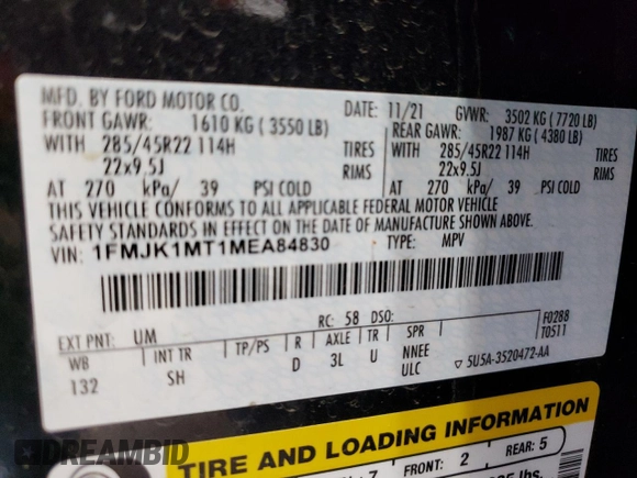 2021 Ford Expedition Max Platinum with VIN 1FMJK1MT1MEA84830, listed as a Copart auction lot 56530065 with 48,330 mi miles and Salvage title. Bid and sale history available at DreamBid. Image 13.