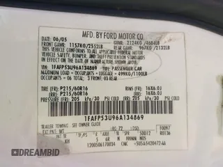 2006 Ford Taurus SE with VIN 1FAFP53U96A134869, listed as a IAAI auction lot 42185928 with 207,390 mi miles and . Bid and sale history available at DreamBid. Image 9.