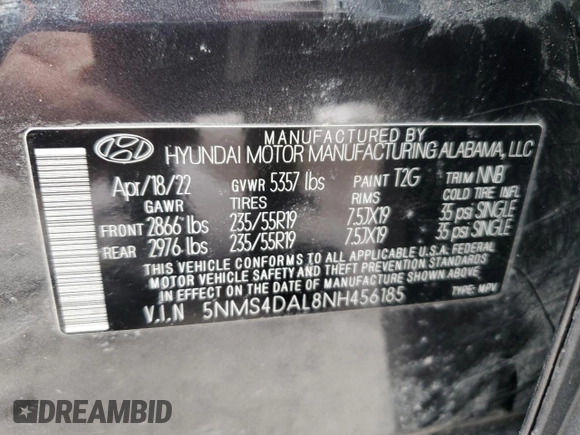 2022 Hyundai Santa Fe Limited with VIN 5NMS4DAL8NH456185, listed as a Copart auction lot 48406205 with 39,580 mi miles and Salvage Title. Bid and sale history available at carsss.com. Image 14.
