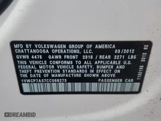 2012 Volkswagen Passat SEL with VIN 1VWCP7A37CC068273, listed as a Copart auction lot 84088624 with 70,672 mi miles and Salvage Title. Bid and sale history available at carsss.com. Image 13.