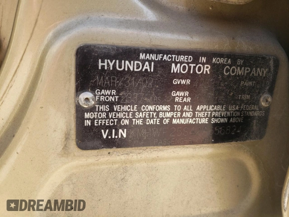 2002 Hyundai Sonata with VIN KMHWF25S42A656824, listed as a Copart auction lot 46411645 with 194,814 mi miles and Salvage Title. Bid and sale history available at carsss.com. Image 13.