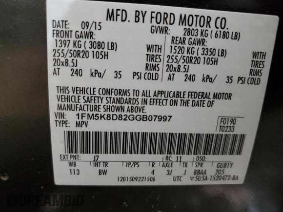 2016 Ford Explorer XLT with VIN 1FM5K8D82GGB07997, listed as a Copart auction lot 47011365 with 130,187 mi miles and Salvage Title. Bid and sale history available at DreamBid. Image 15.