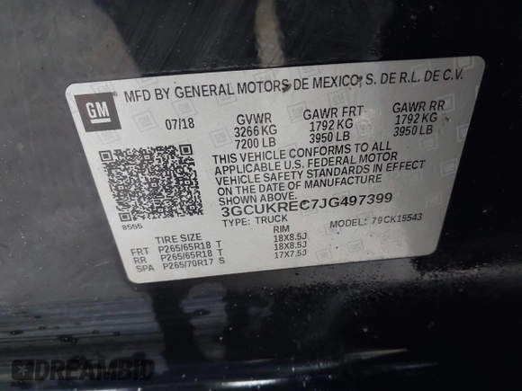 2018 Chevrolet Silverado 1500 LT with VIN 3GCUKREC7JG497399, listed as a IAAI auction lot 41497685 with 179,811 mi miles. Bid and sale history available at carsss.com. Image 9.