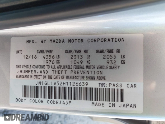 2017 Mazda Mazda6 Touring with VIN JM1GL1V52H1126639, listed as a IAAI auction lot 41802868 with 181,948 mi miles. Bid and sale history available at carsss.com. Image 9.