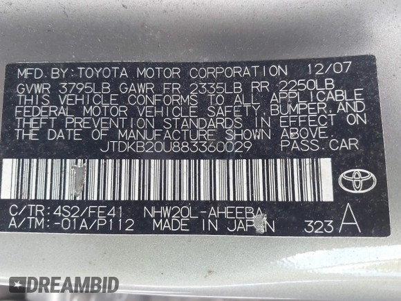 2008 Toyota Prius with VIN JTDKB20U883360029, listed as a IAAI auction lot 42022955 with 200,776 mi miles. Bid and sale history available at carsss.com. Image 9.