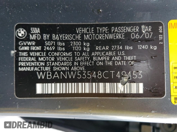 2008 BMW 5 Series 550i with VIN WBANW53548CT49453, listed as a Copart auction lot 45350325 with 117,593 mi miles and Salvage Title. Bid and sale history available at carsss.com. Image 13.