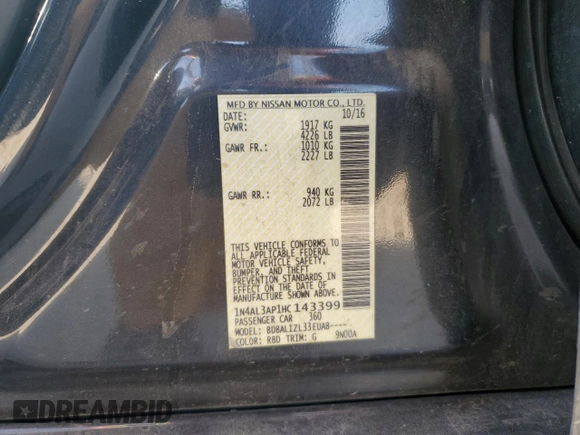 2017 Nissan Altima SR with VIN 1N4AL3AP1HC143399, listed as a Copart auction lot 60314235 with 106,055 mi miles and Salvage title. Bid and sale history available at DreamBid. Image 12.