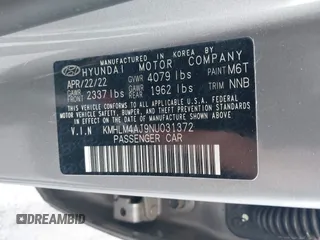 2022 Hyundai Elantra Blue z VIN KMHLM4AJ9NU031372, wystawiony jako IAAI lot #41524681 z przebiegiem 69 060 mil mil oraz . Historia ofert i sprzedaży dostępna na DreamBid. Obrazek 9.