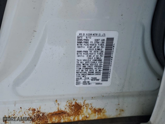 2010 Nissan Murano LE with VIN JN8AZ1MW8AW134658, listed as a Copart auction lot 45896465 with 137,943 mi miles and Salvage Title. Bid and sale history available at carsss.com. Image 15.