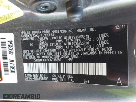 2012 Toyota Sienna XLE z VIN 5TDDK3DC9CS036692, wystawiony jako IAAI lot #42861841 z przebiegiem 122 070 mil mil oraz . Historia ofert i sprzedaży dostępna na DreamBid. Obrazek 9.