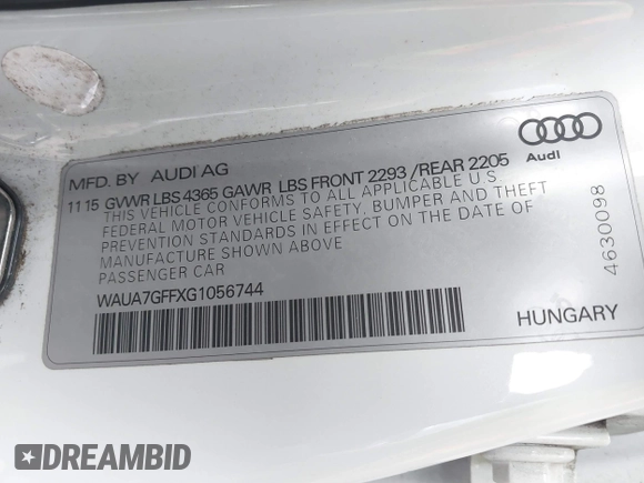 2016 Audi A3 Premium with VIN WAUA7GFFXG1056744, listed as a IAAI auction lot 42527955 with 125,917 mi miles and . Bid and sale history available at DreamBid. Image 9.
