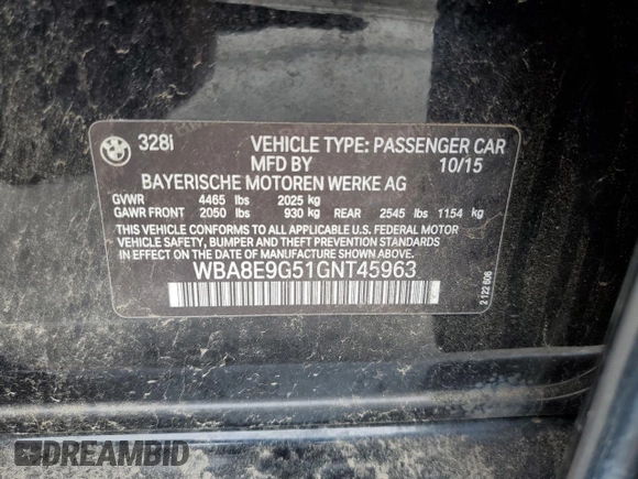 2016 BMW 3 Series 328i с VIN WBA8E9G51GNT45963, выставлен на аукционе Copart как лот 57291275 с пробегом 82 459 миль миль и Списание • Salvage title. История ставок и продаж доступна на DreamBid. Изображение 12.