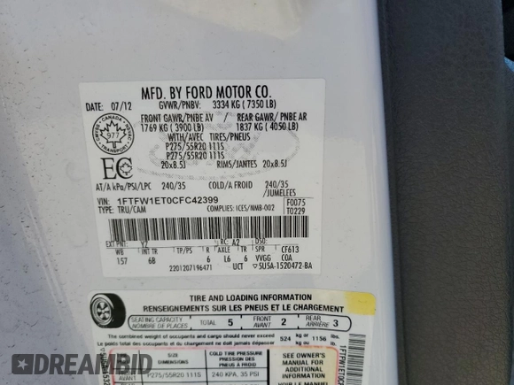 2012 Ford F-150 XL с VIN 1FTFW1ET0CFC42399, выставлен на аукционе Copart как лот 56362665 с пробегом 164 704 миль миль и Чистый • Clean title. История ставок и продаж доступна на DreamBid. Изображение 12.
